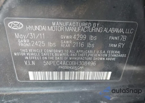 2011 Hyundai Sonata Se from USA, damaged, VIN 5NPEC4AC0BH308496